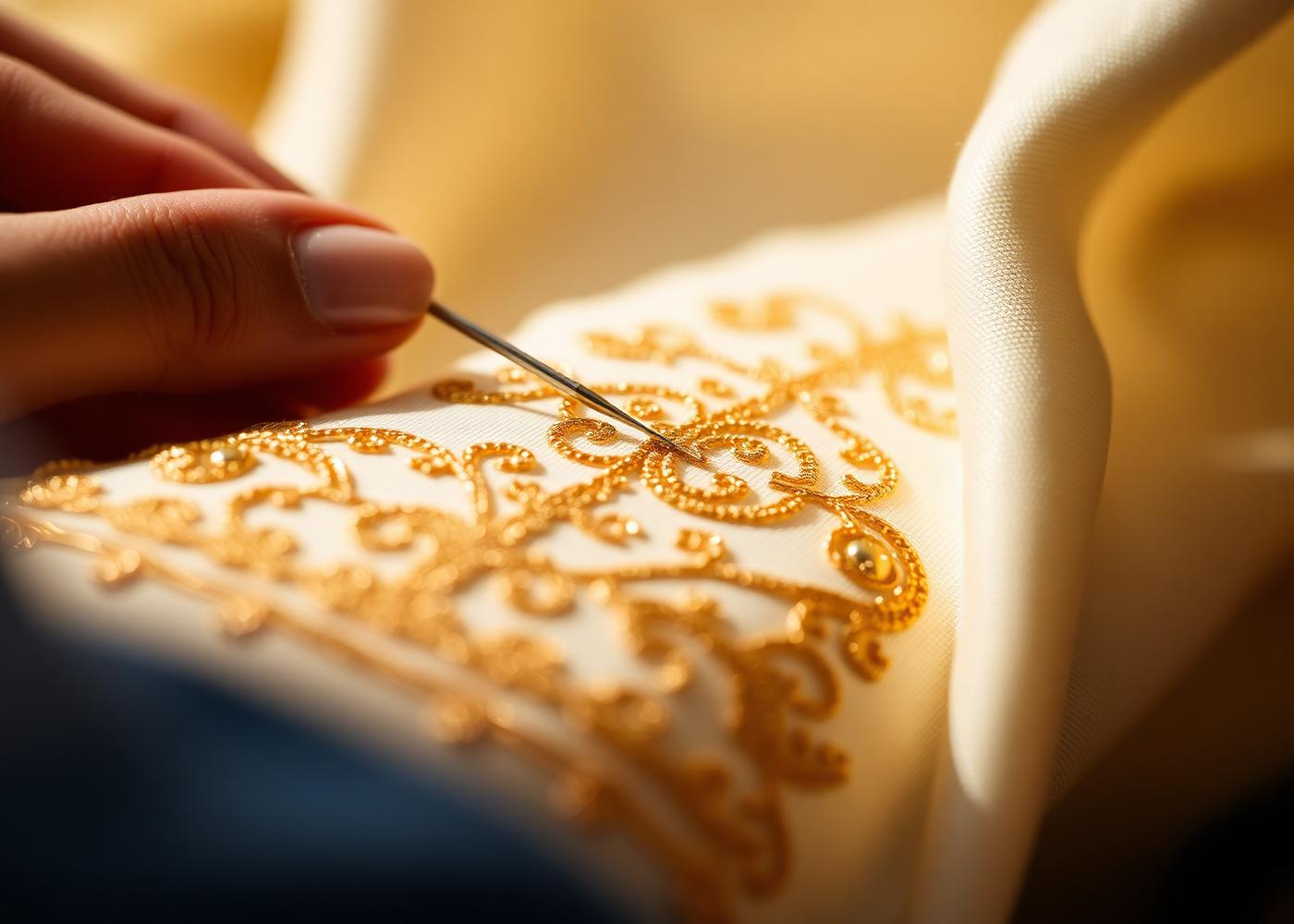 Gold zari embroidery in progress